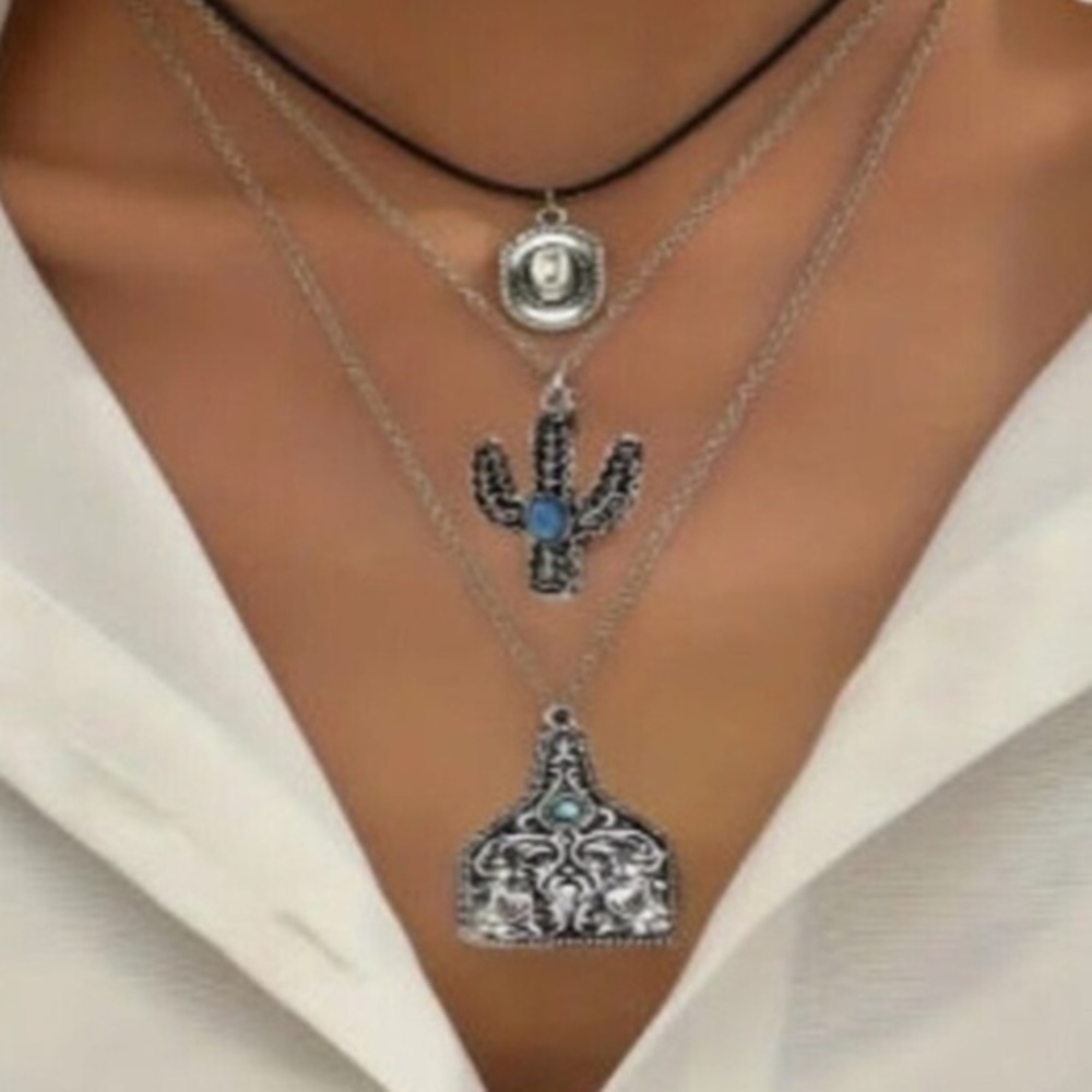 Boho Vintage Cowboy Hat Cactus Wine Bottle Silver 3 Layer Turquoise Necklace